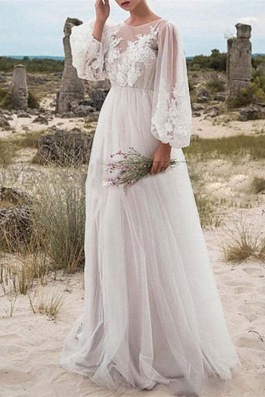 Tulle Lace Bubble Sleeve Wedding Dress with Sheer Bodice