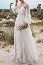 Tulle Lace Bubble Sleeve Wedding Dress with Sheer Bodice