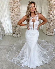 Elegant Spaghetti Strap Satin Backless Mermaid Wedding Dress with Exquisite Lace Appliques