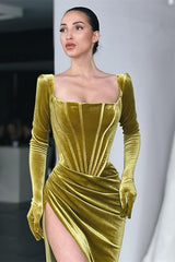 Elegant Velvet Long Sleeve Square Neck Prom Dress with High Slit - Custom Fit