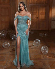Charming Green Sequin Evening Gown: Strapless Off-Shoulder Prom Dress with Slit