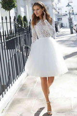 A-Line Jewel Tulle Wedding Dress with Lace Elegant Short Sleeves