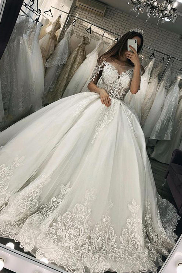 Sheer Tulle Ball Gown Wedding Dress with Appliques and Short Sleeves