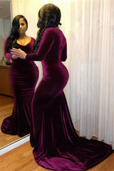 Elegant Purple Long Sleeve Mermaid Evening Prom Dress with Luxurious Velvet Fabric
