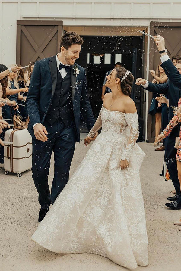 Enchanting Off-Shoulder A-Line Wedding Gown with Long Sleeves, Bow, and Lace