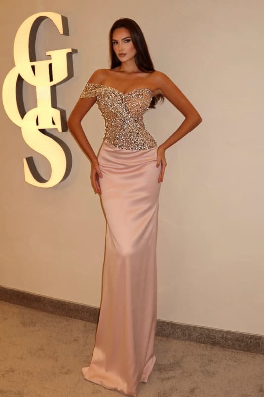 Elegant Asymmetric Sweetheart Sequins Satin Mermaid Prom Dress Long Gown