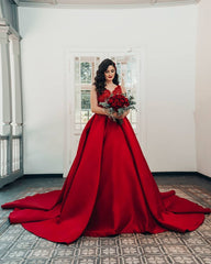 Red Long Ball Gown Princess Satin V-Neck Wedding Dress Lace