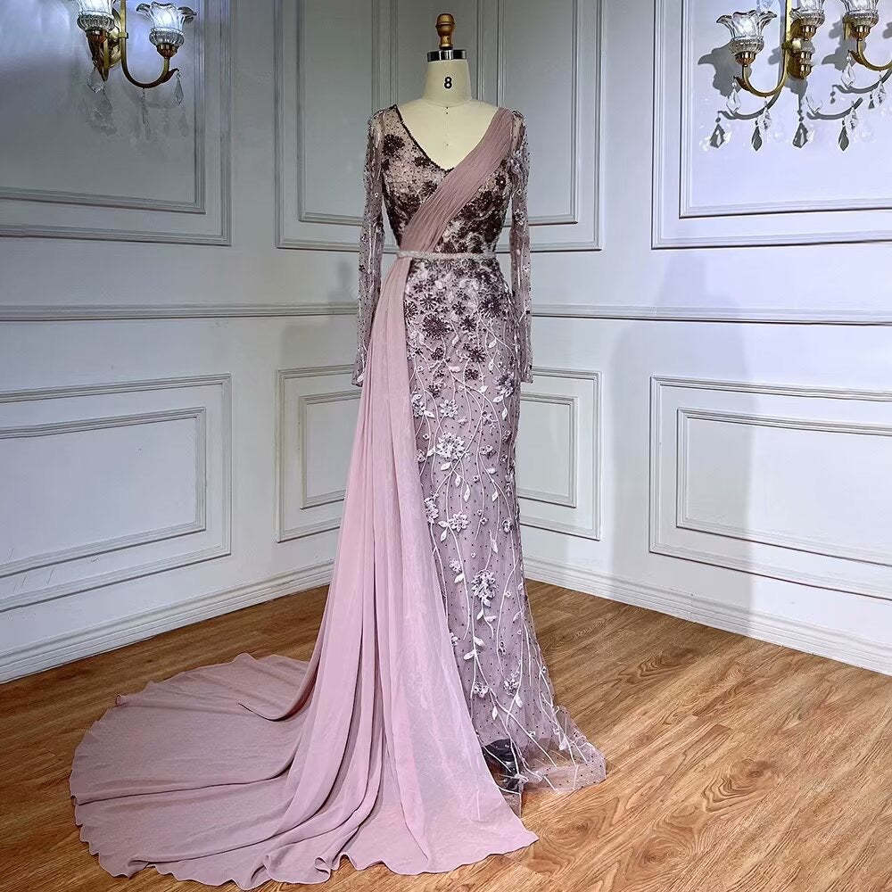 Pink Long Sleeve Chiffon Train Beaded Lace Evening Gown Dress