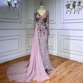 Pink Long Sleeve Chiffon Train Beaded Lace Evening Gown Dress