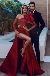 Glamorous Burgundy Sequin Mermaid Prom Gown with Bowknot, Long Sleeves & Slit