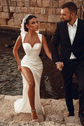 White Sweetheart Mermaid Satin Wedding Dress with High Slit