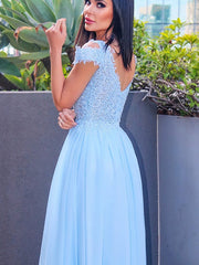 Elegant Sky Blue Cap Sleeve Long Prom Dress with Slit