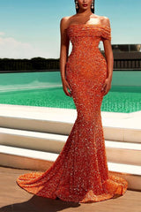 Sparkling Orange One-Shoulder Mermaid Prom Dress: Elegant Sequin-Embellished Long Gown