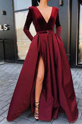 Elegant Long Sleeves Burgundy Prom Dress with Thigh-High Split and Pockets