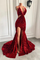 Stunning Wine Red Halter Sequin Mermaid Prom Dress with Slit for Special Occasions