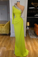 Enchanting Green One-Shoulder Mermaid Gown: Beaded Long Sleeve Prom Dress