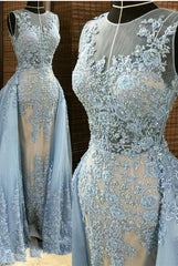 Elegant Blue Lace Appliques Prom Dress with Detachable Train, Sleeveless A-Line Gown