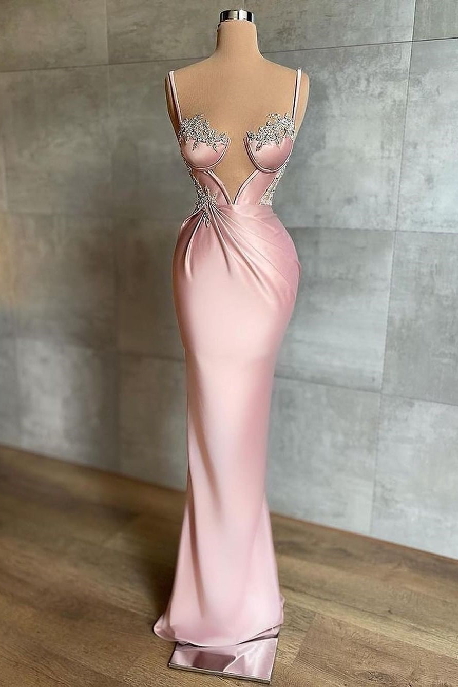 Elegant Pink Spaghetti Strap Prom Dress with Beading, Perfect for Special Occasions
