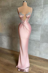 Elegant Pink Spaghetti Strap Prom Dress with Beading, Perfect for Special Occasions