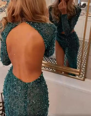 Elegant Blue Sequin Mermaid Prom Gown with Long Sleeves and High Slit