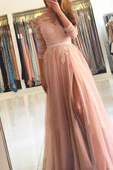 Elegant Long Sleeve A-Line Lace Prom Dress with Thigh Slit