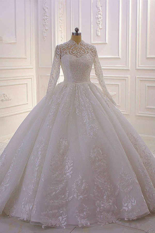 Elegant A-Line High Neck Long Sleeve Wedding Dress with Exquisite Lace Appliques