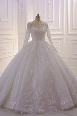 Elegant A-Line High Neck Long Sleeve Wedding Dress with Exquisite Lace Appliques