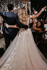 Off-Shoulder Lace A-Line Bridal Gown with Floral Appliqué Train