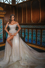 Sequined Off-the-Shoulder Ball Gown Wedding Dress With Slit