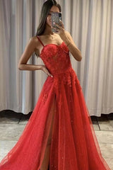 Elegant Red Sequin Spaghetti Strap Sweetheart Prom Dress with Slit