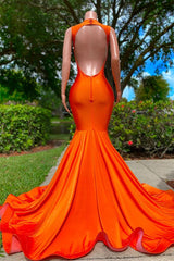Bright Orange V-Neck Sleeveless Mermaid Prom Dress with Elegant Appliques and Train