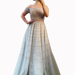 Elegant Sequined Off Shoulder Long Sleeve Prom Dress A Line Design