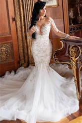 Long Sleeve Mermaid Lace Applique Wedding Gown with Chapel Train