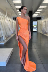 Vintage Orange One-Shoulder Mermaid Prom Dress with Slit & Pleats