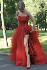 Strapless Tulle Long Prom Dress with Split in Red Color