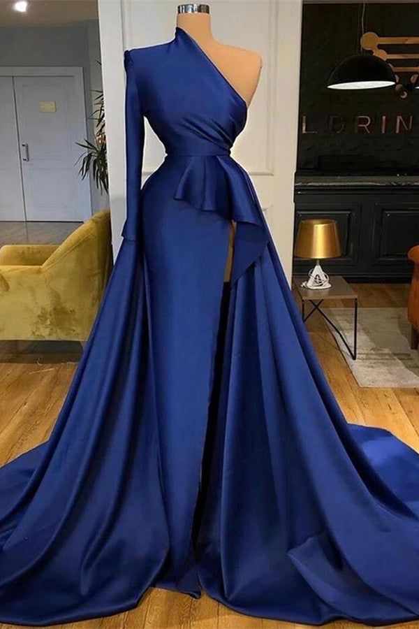 Dark Blue Long Sleeve Mermaid Prom Dress with Thigh Slit