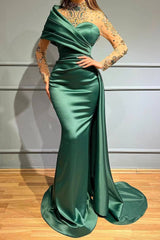 Elegant Crystal High Neck Mermaid Prom Dress with Ruffles, Long Sleeves Formal Gown