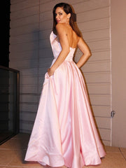 Pink One Shoulder Long Prom Dress with Slit and Pockets Evening Gown