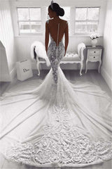 Lace Appliqué Cap Sleeve Mermaid Wedding Dress with Train