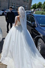 Elegant White A-Line V-Neck Lace Wedding Gown with Long Sleeves