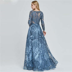 Elegant Ink Blue Long Sleeve Prom Dress Sequin Applique A Line Gown