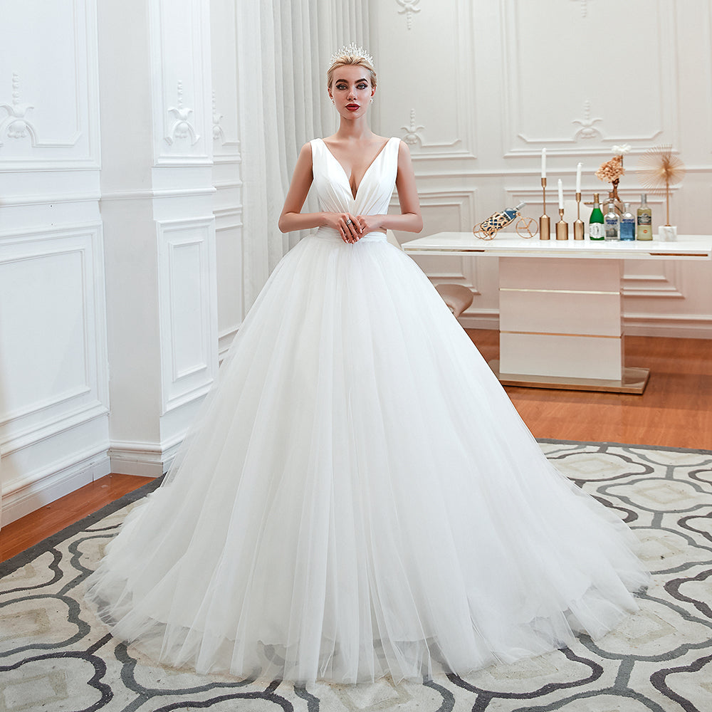Elegant White A-Line Tulle Wedding Dress with Wide Straps and Deep V-Neck