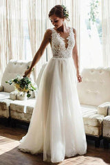 Elegant Strappy V-Neck A-Line Sleeveless Backless Wedding Dress with Lace