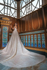 Sequined Off-the-Shoulder Ball Gown Wedding Dress With Slit