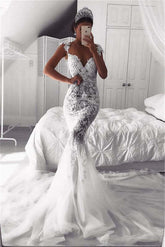 Lace Appliqué Cap Sleeve Mermaid Wedding Dress with Train