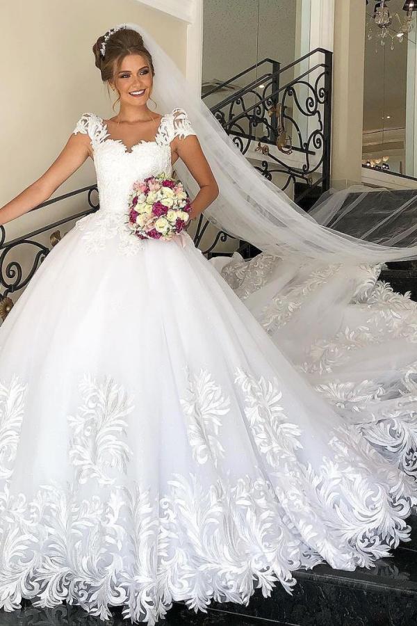 Elegant Princess Wedding Dress with Cap Sleeves, Tulle, and Delicate Lace Appliques