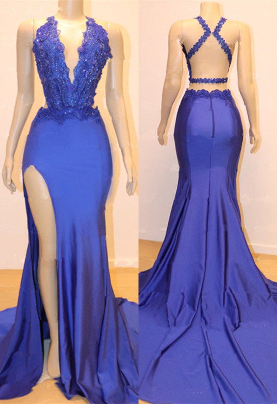 Elegant Blue Halter Mermaid Prom Dress with Split, Exquisite Lace Appliques
