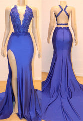 Elegant Blue Halter Mermaid Prom Dress with Split, Exquisite Lace Appliques