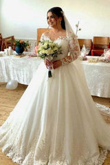 Glamorous A-Line Floral Lace Wedding Dress Long Sleeve V-Neck Bridal Gown