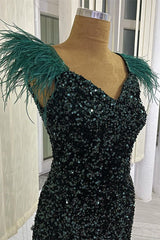 Dark Green Sequin Mermaid Evening Dress V-Neck with Feathers Prom Gown